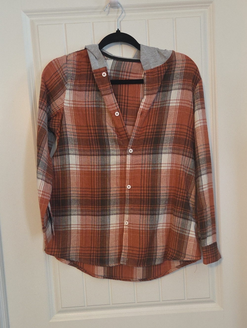 Amazon Women's Rust Plaid Button Down Shirt with Gray Hood